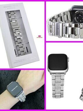 NEW Michael Kors Stainless Steel Pave Silver-Tone Strap Band 38-40mm Apple Watch